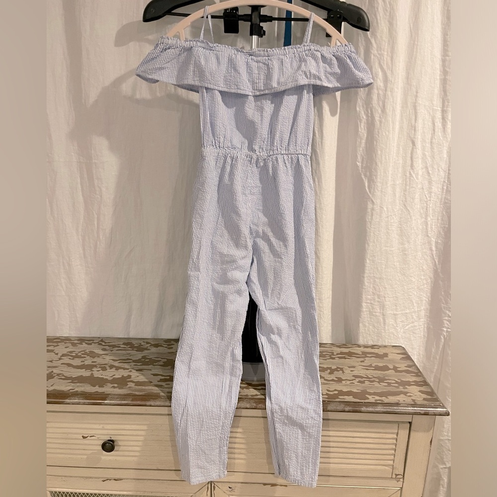H&M girls white with blue stripes jumpsuit. Size 7.